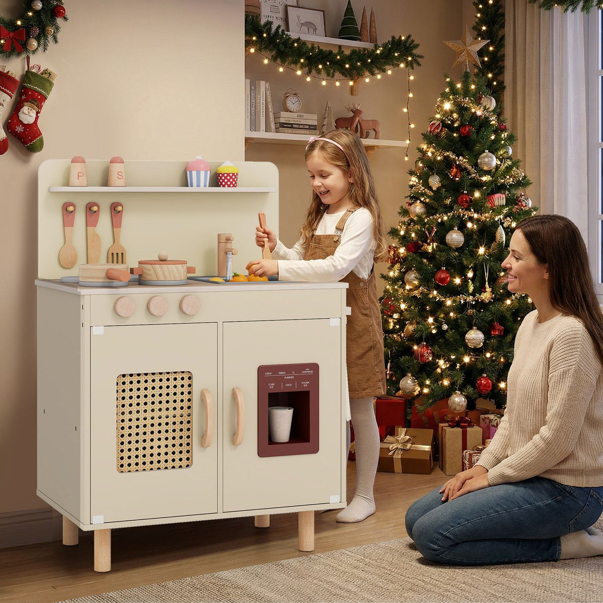 Wooden Pretend Kitchen Playset with Realistic Ice Maker and Accessories
