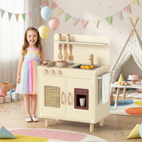 Wooden Pretend Kitchen Playset with Realistic Ice Maker and Accessories