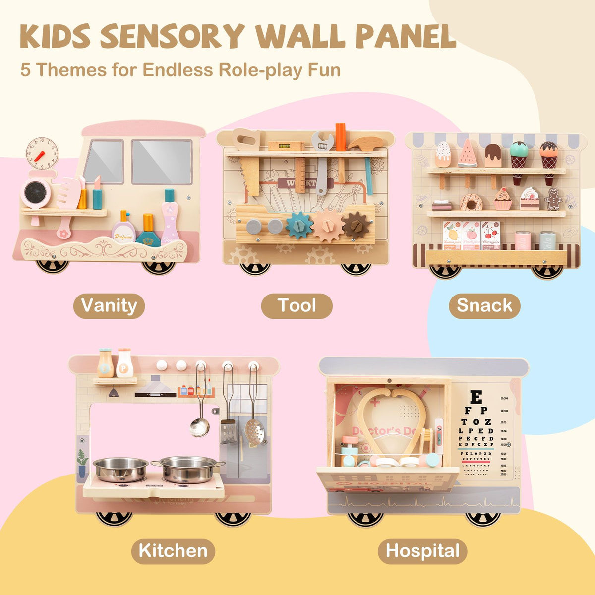 Wooden Sensory Wall Panel with Vanity for Kids