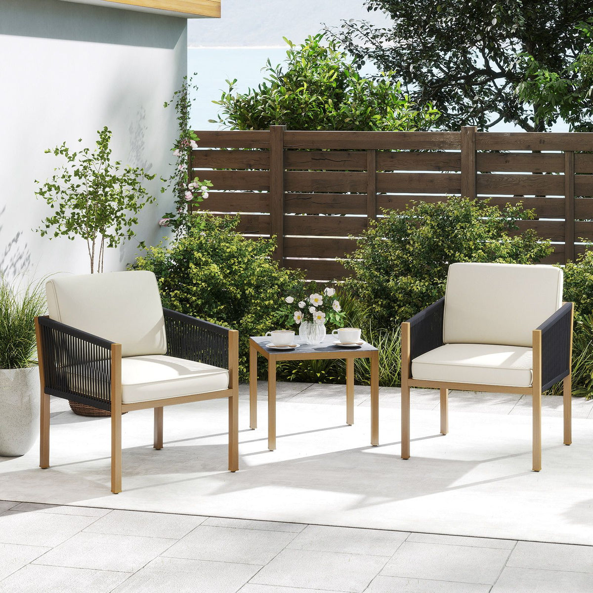 Woven Rope Outdoor Conversation Set with Cushions for Porch