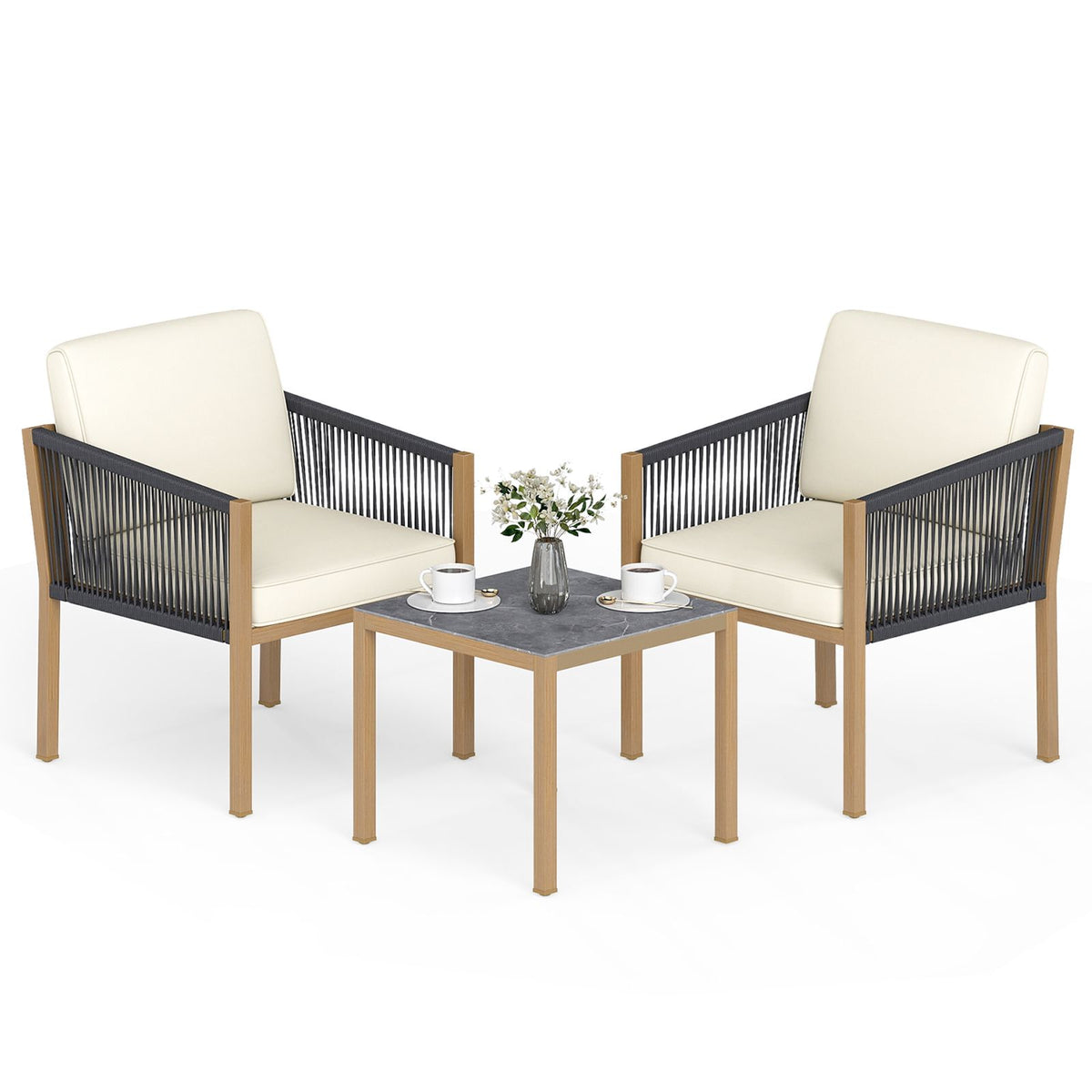 Woven Rope Outdoor Conversation Set with Cushions for Porch