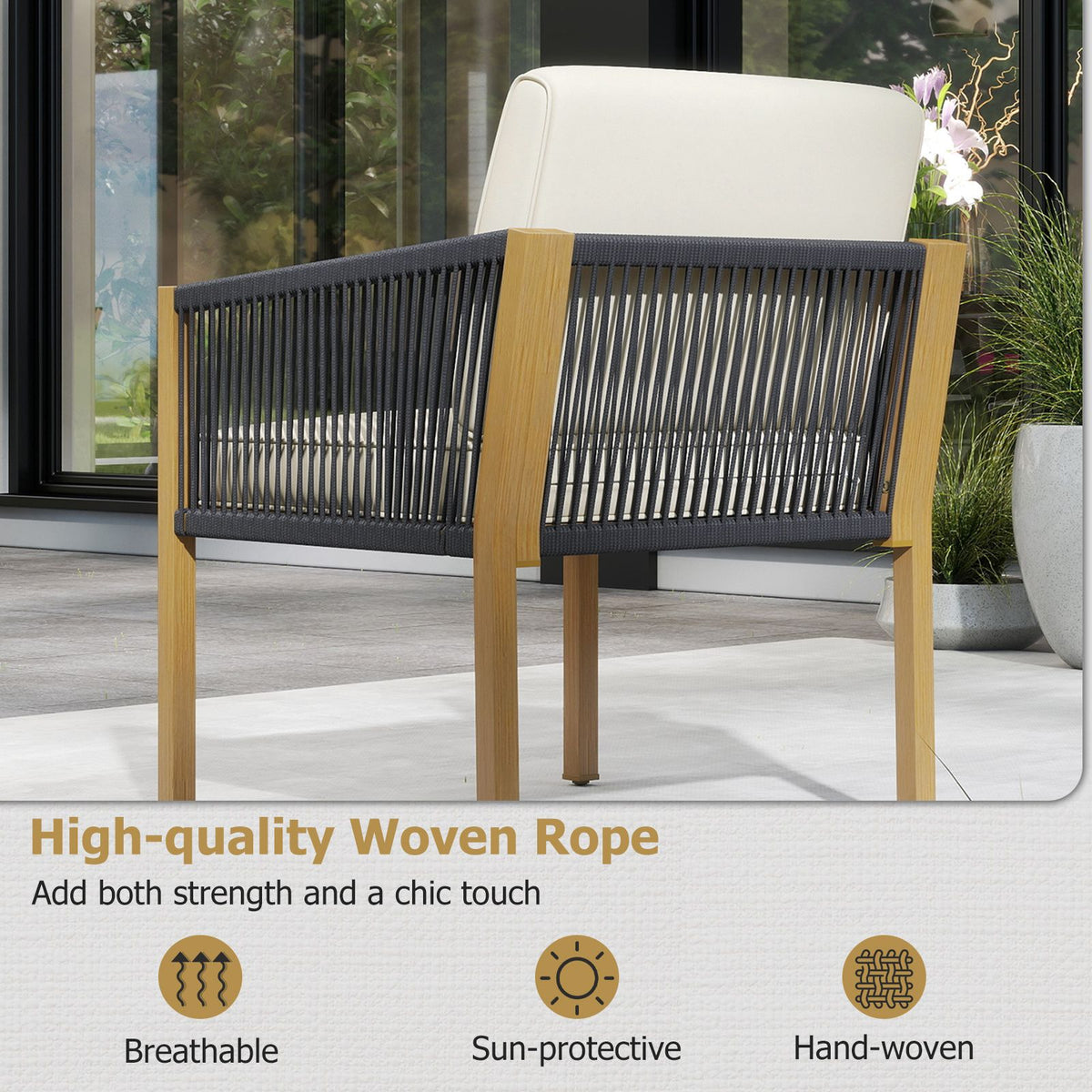 Woven Rope Outdoor Conversation Set with Cushions for Porch