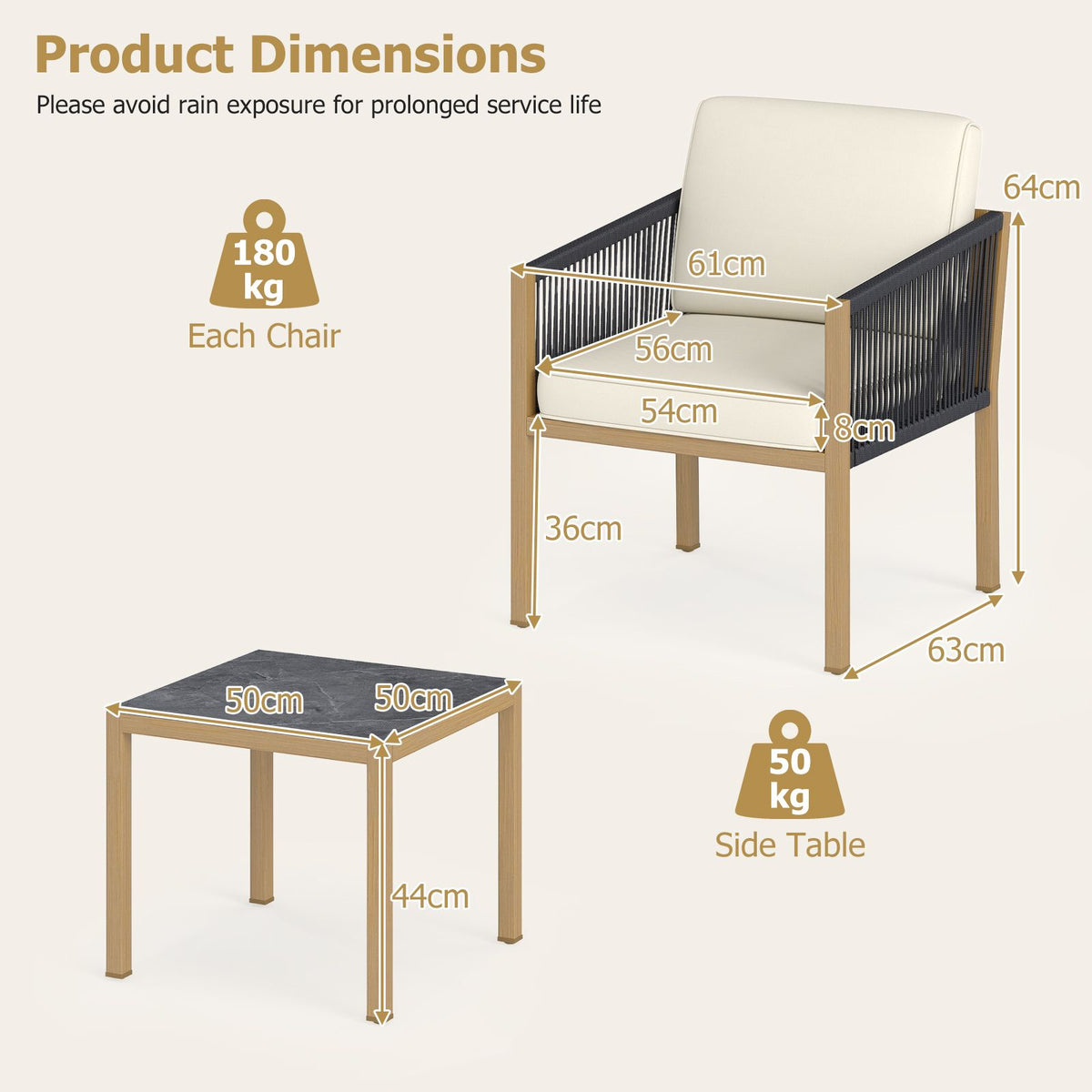 Woven Rope Outdoor Conversation Set with Cushions for Porch