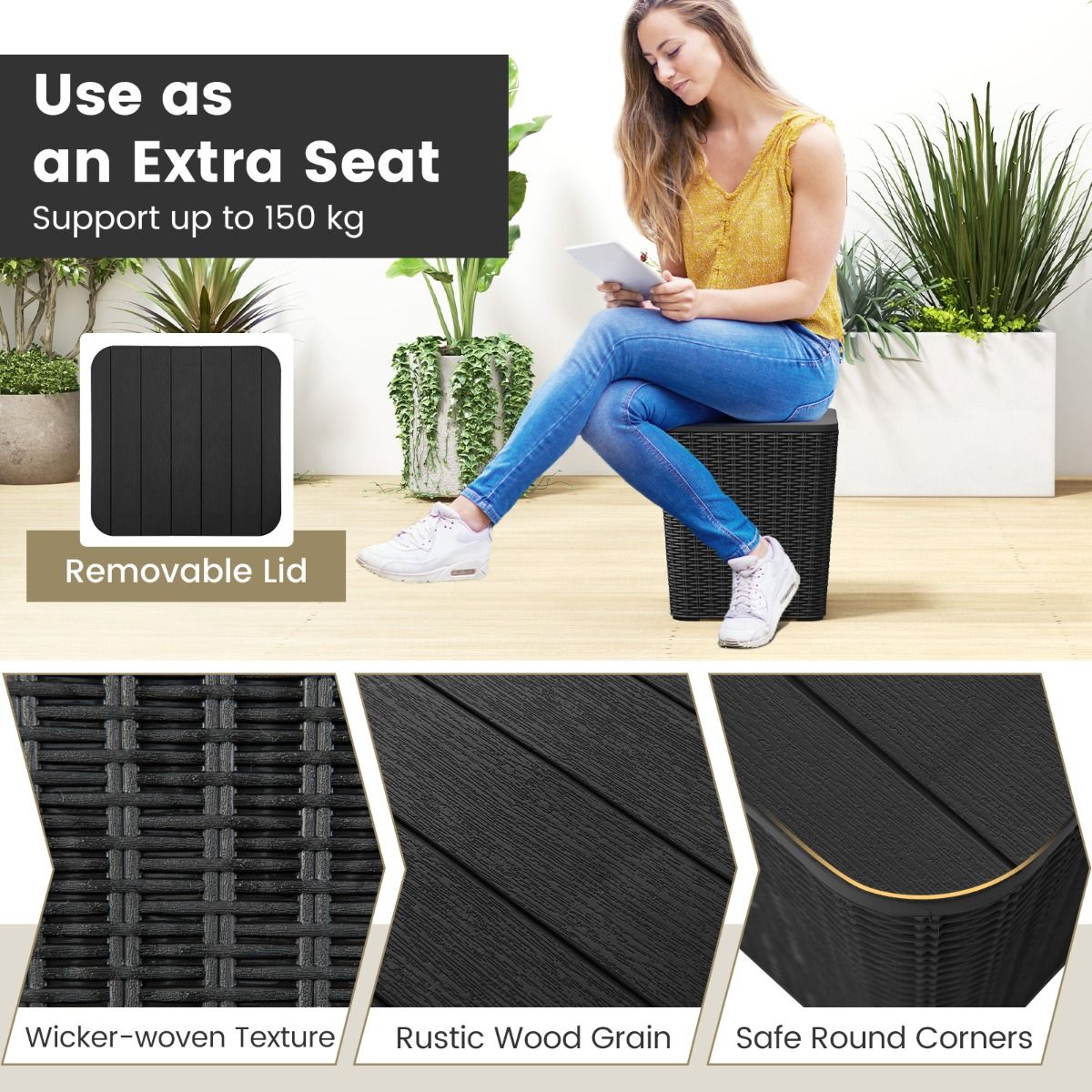 All-Weather Resin Side Table with Wicker-woven Accent and Detachable Lid