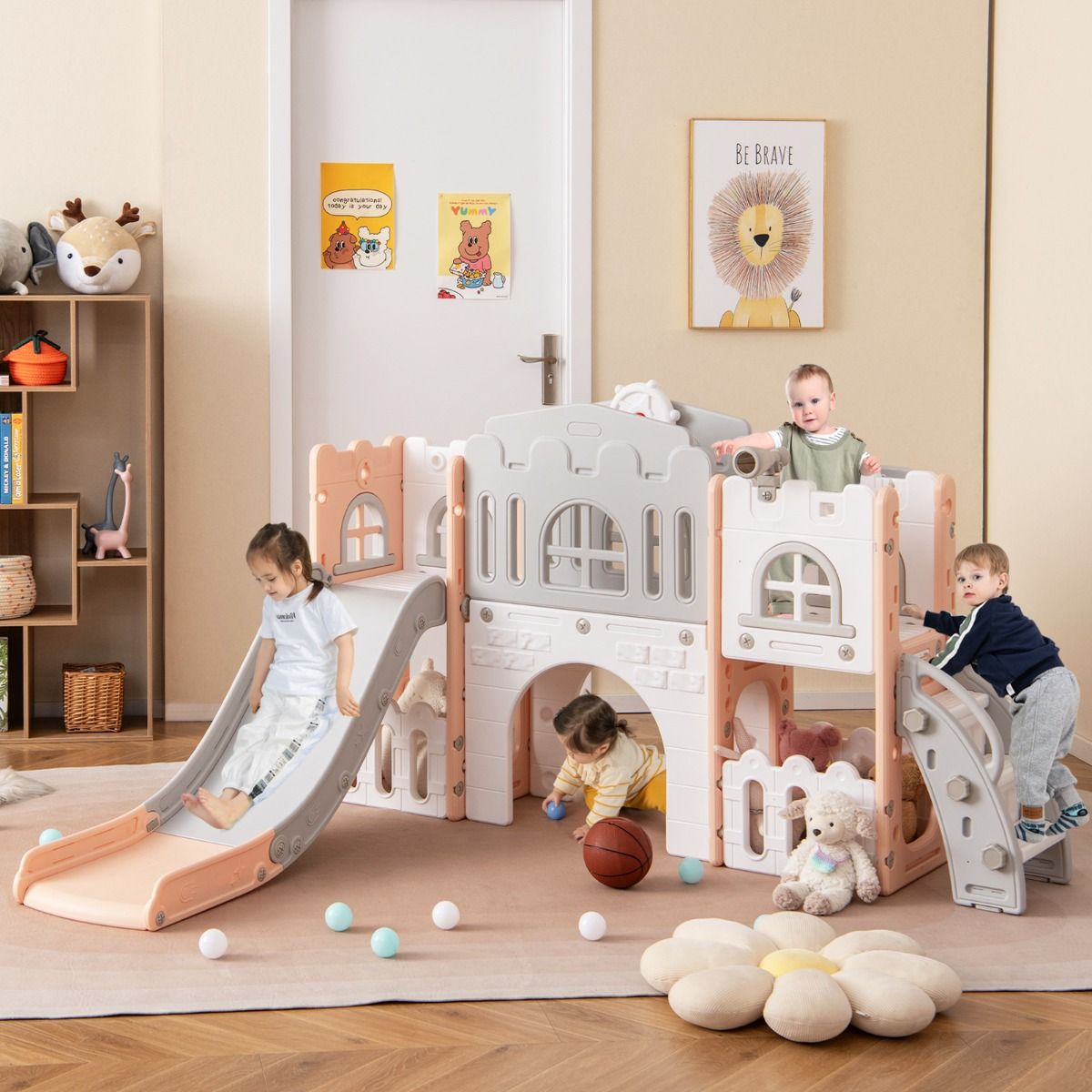 All in 1 L-shaped Toddle Slide with Tunnel and Basketball Hoop for Toddlers Age 1-3