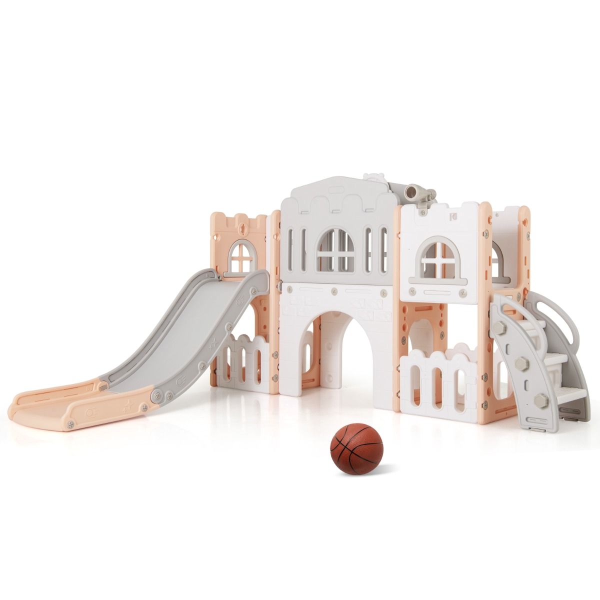 All in 1 L-shaped Toddle Slide with Tunnel and Basketball Hoop for Toddlers Age 1-3