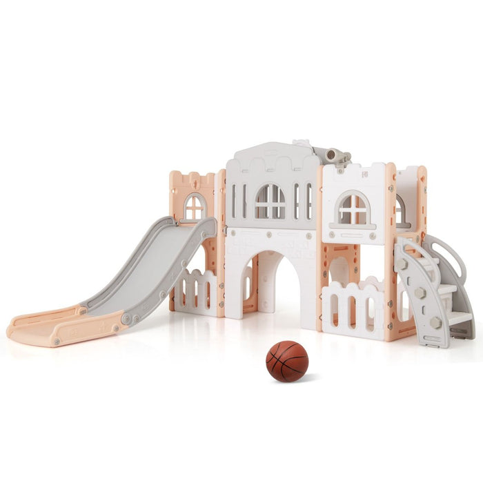 All in 1 L-shaped Toddle Slide with Tunnel and Basketball Hoop for Toddlers Age 1-3