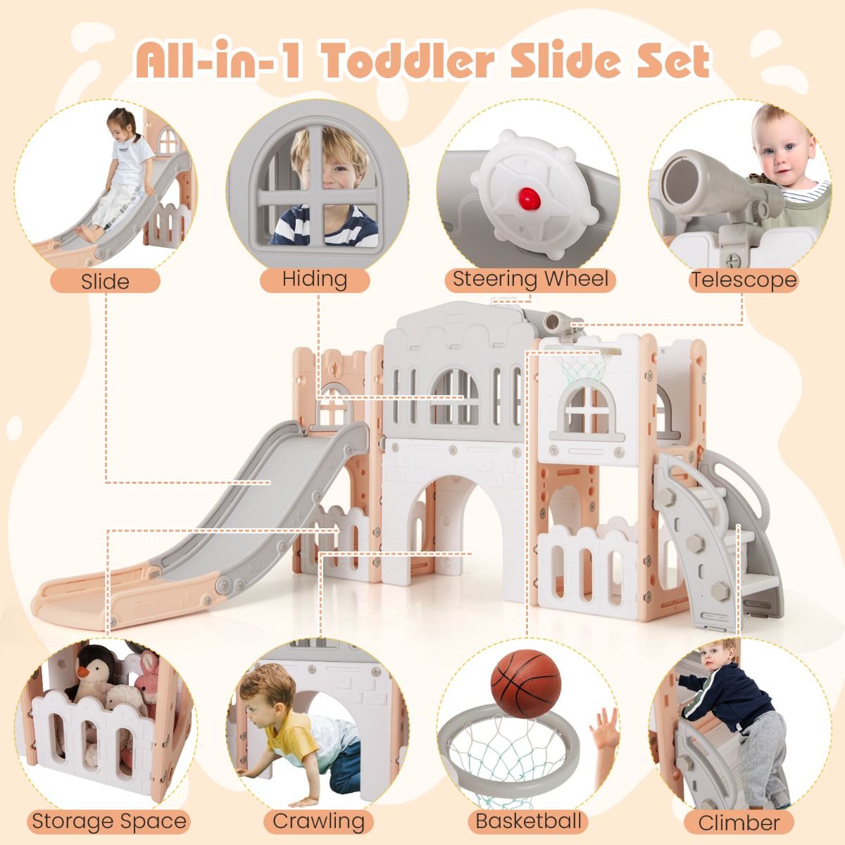 All in 1 L-shaped Toddle Slide with Tunnel and Basketball Hoop for Toddlers Age 1-3