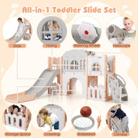 All in 1 L-shaped Toddle Slide with Tunnel and Basketball Hoop for Toddlers Age 1-3