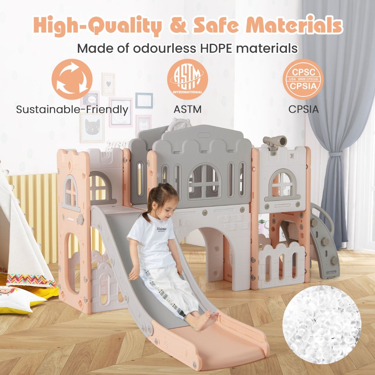 All in 1 L-shaped Toddle Slide with Tunnel and Basketball Hoop for Toddlers Age 1-3