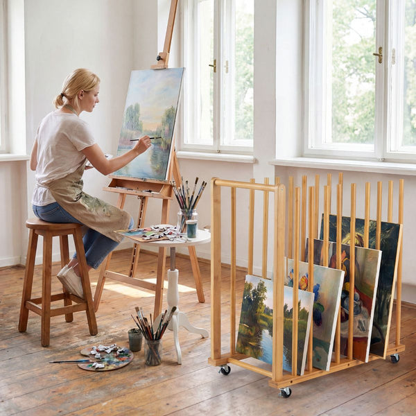 Art Storage Rack with 4 Universal Wheels Bamboo Drawing Board Stand
