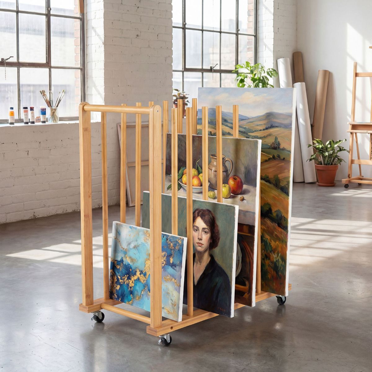 Art Storage Rack with 4 Universal Wheels Bamboo Drawing Board Stand