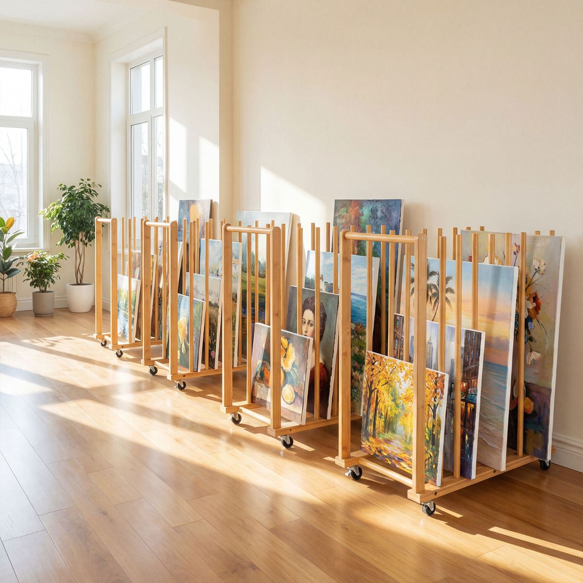 Art Storage Rack with 4 Universal Wheels Bamboo Drawing Board Stand
