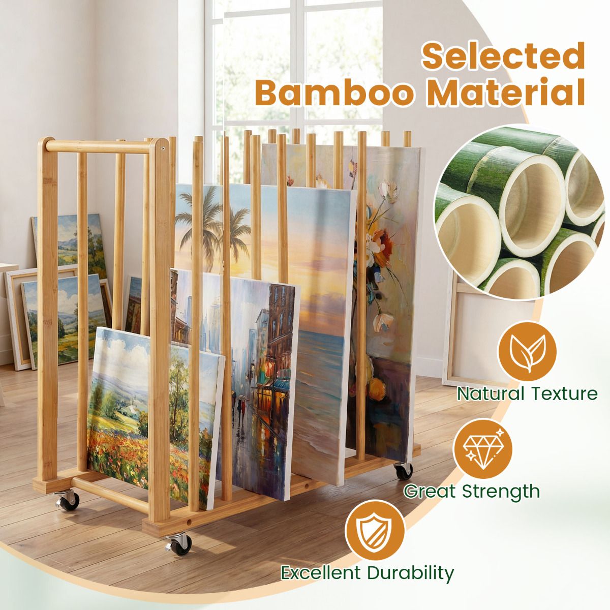 Art Storage Rack with 4 Universal Wheels Bamboo Drawing Board Stand