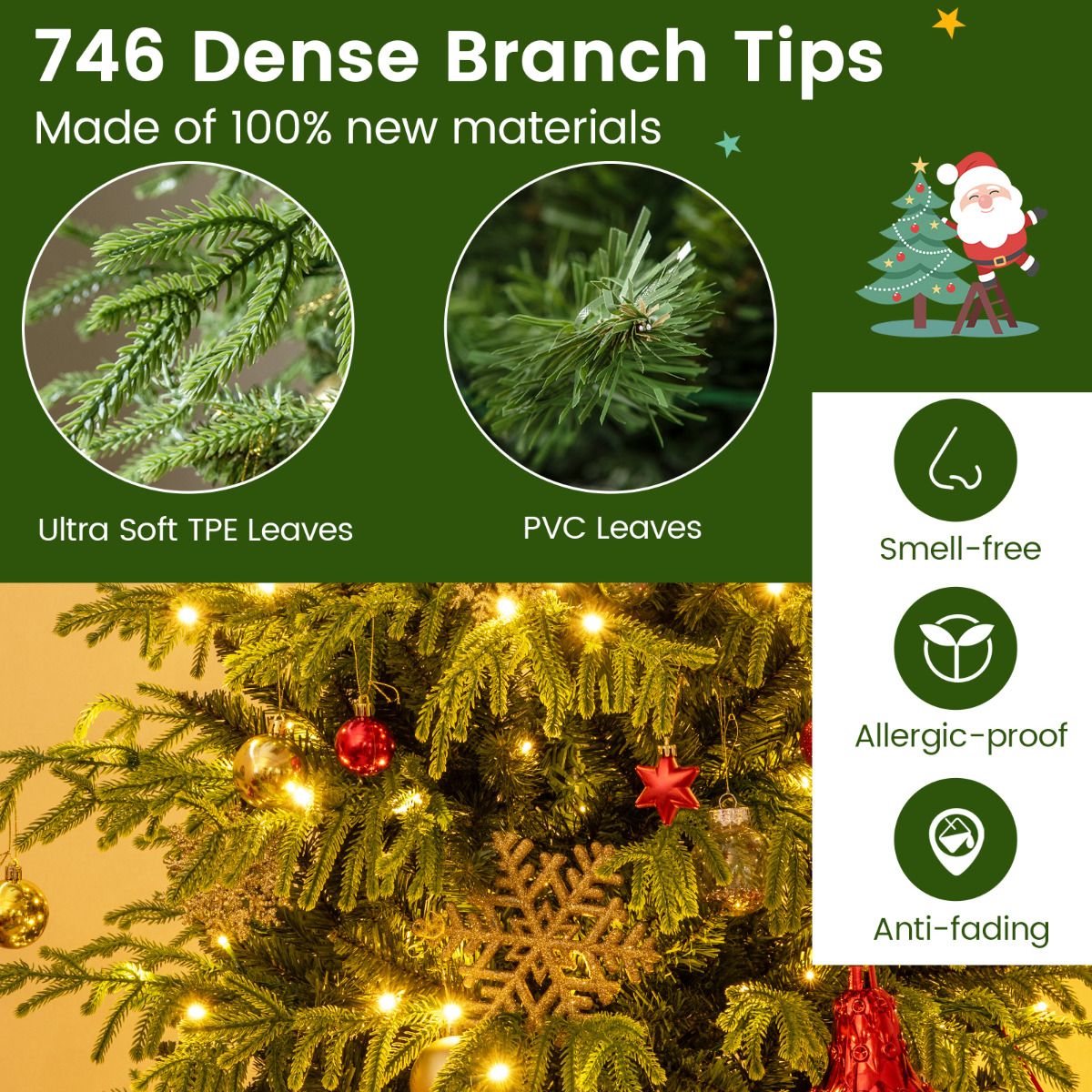 Artificial Christmas Tree with Warm White LED Lights and Branch Tips