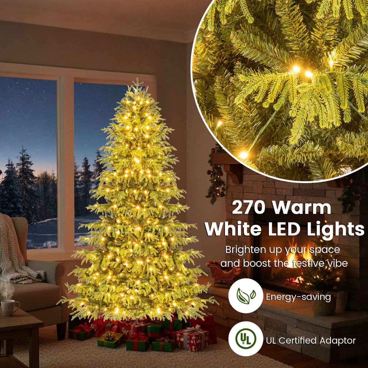 Artificial Christmas Tree with Warm White LED Lights and Branch Tips