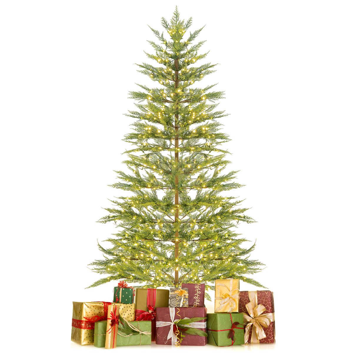 225 cm Artificial Xmas Tree Hinged Christmas Tree with Auto Timer