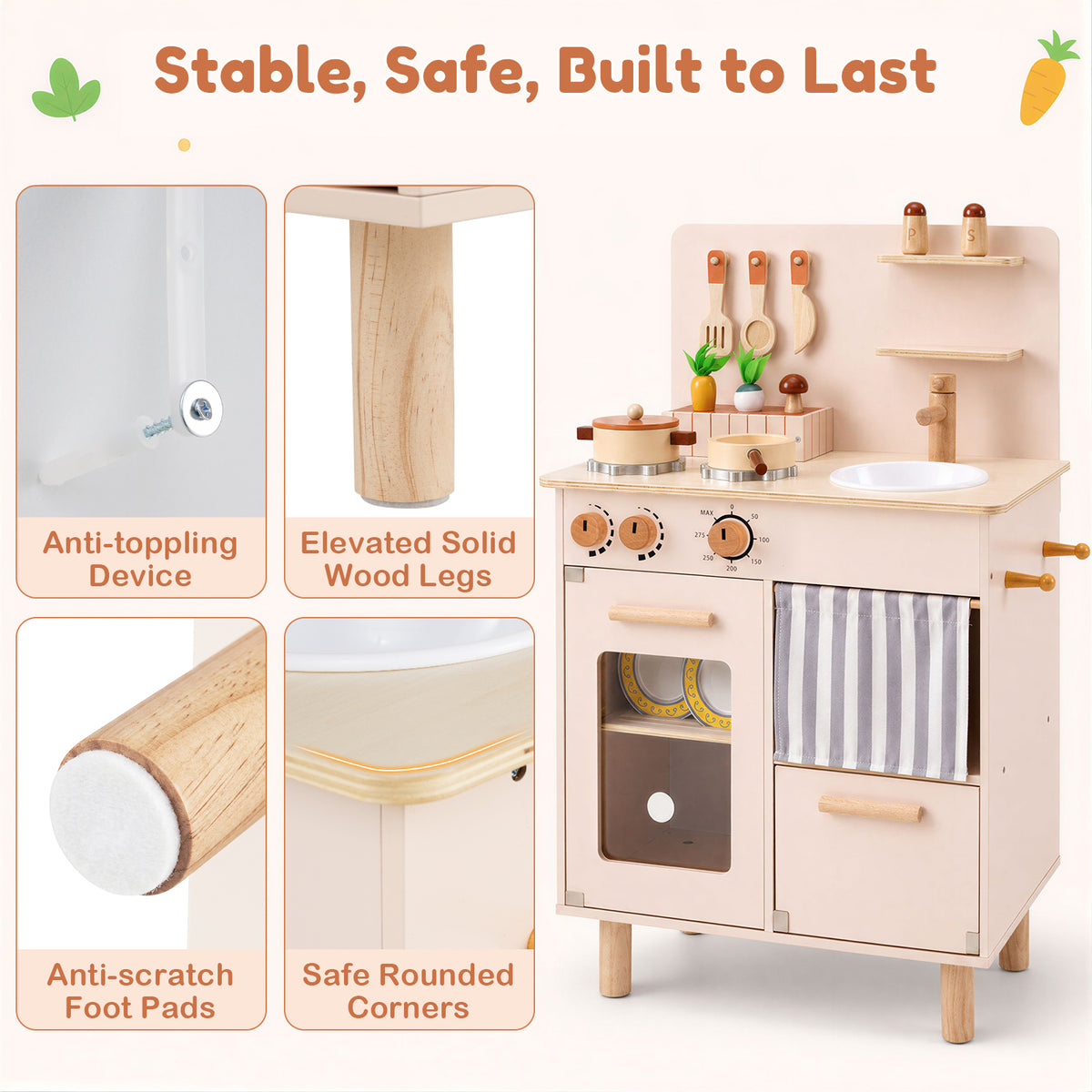 Wooden Play Kitchen for Kids, Role-Play Gift for Boys & Girls Ages 3+