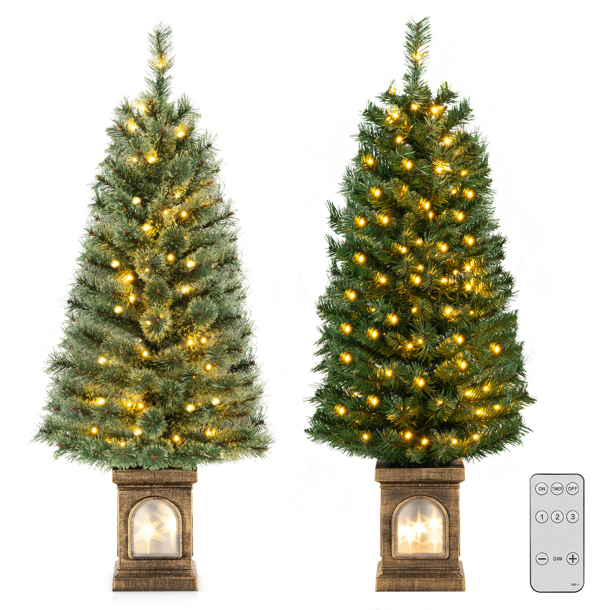 2PCS 125CM Pre-Lit Potted Christmas Tree, Artificial Entrance Tree with 100 LED Lights, Timer, 3 Lighting Modes