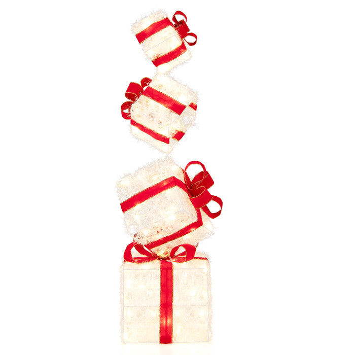 Christmas Lighted Gift Boxes, Set of 4 Stackable Gift Box Decorations with 8 Mode LED Lights & Red Bows
