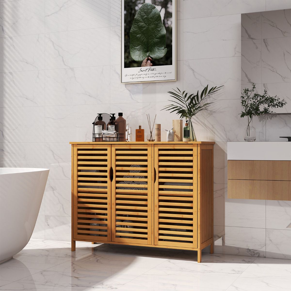 Bamboo Bathroom Cabinet Freestanding Storage Cabinet with Anti-tipping Device