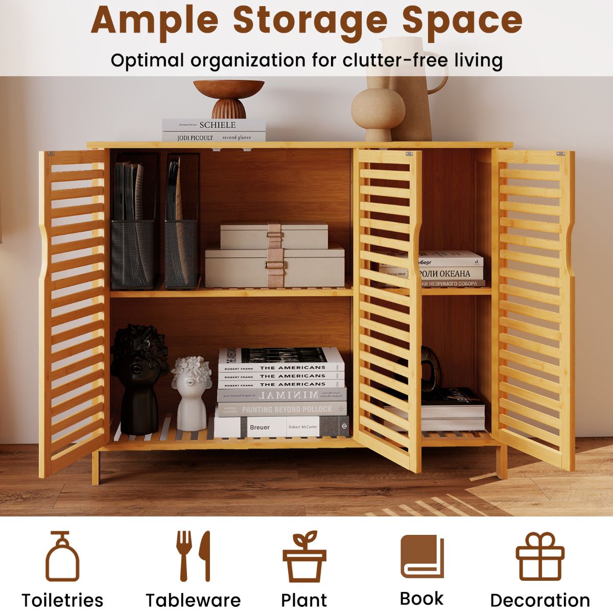 Bamboo Bathroom Cabinet Freestanding Storage Cabinet with Anti-tipping Device