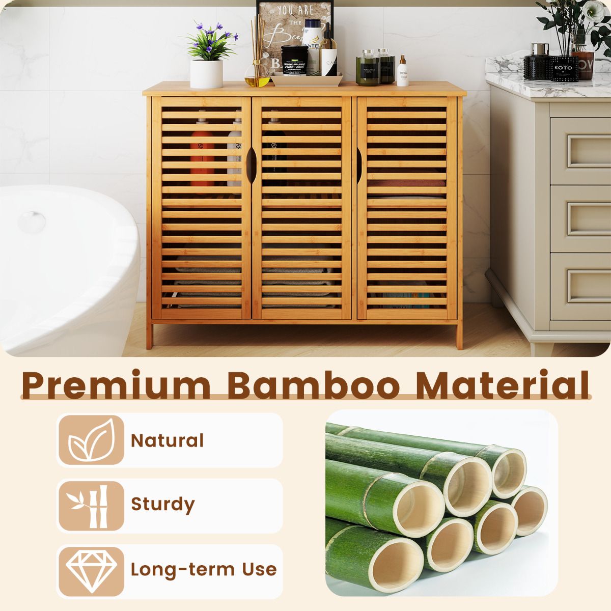 Bamboo Bathroom Cabinet Freestanding Storage Cabinet with Anti-tipping Device
