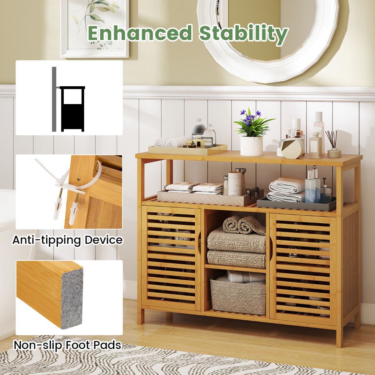 2-Door Bamboo Bathroom Storage Cabinet with Anti-tipping Device