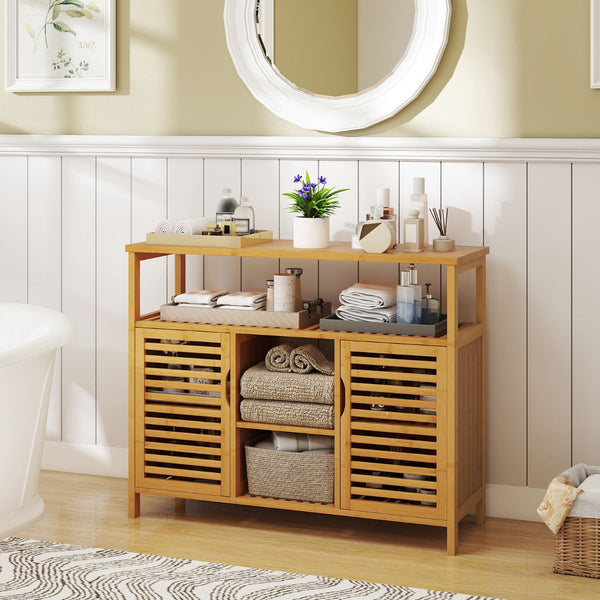 2-Door Bamboo Bathroom Storage Cabinet with Anti-tipping Device