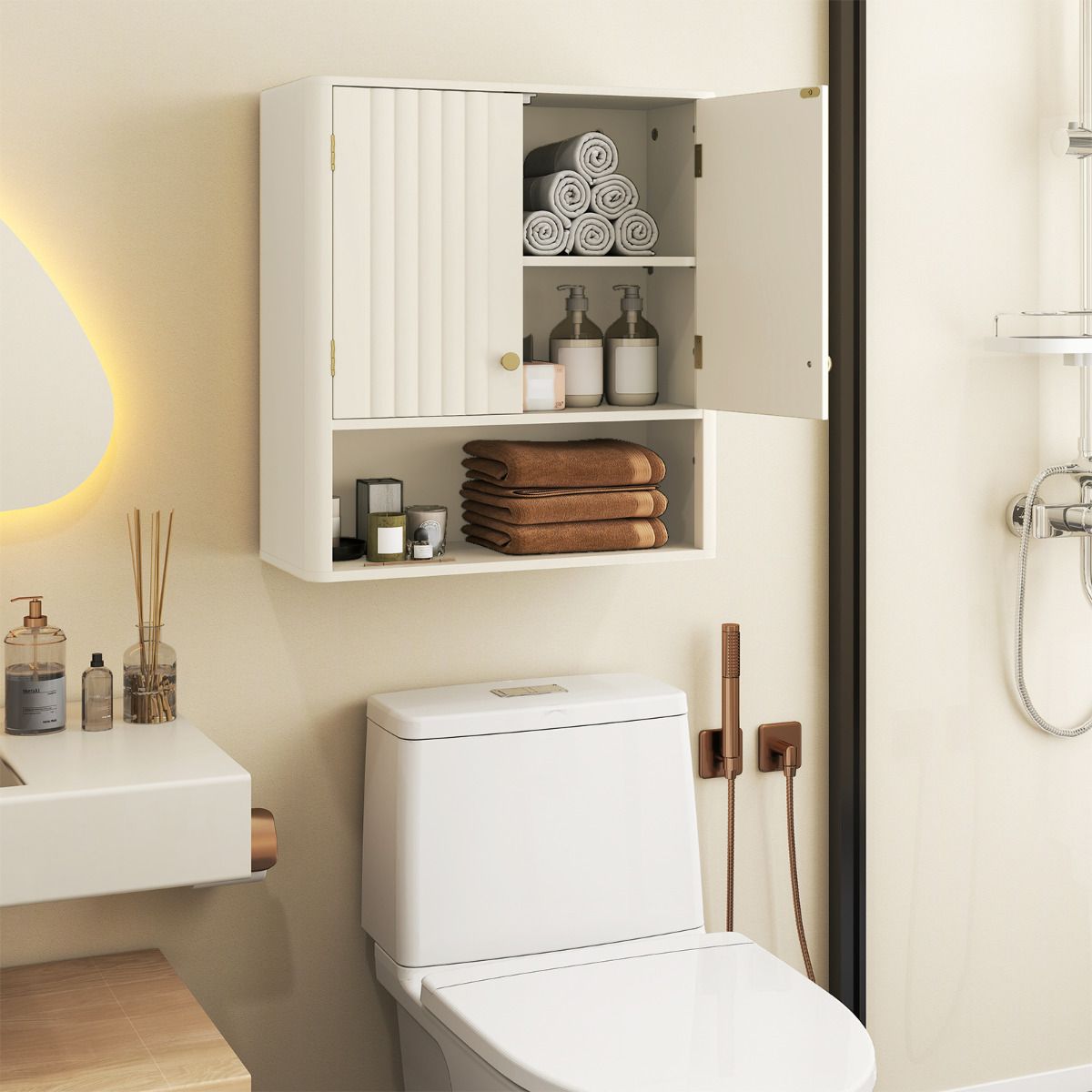 Bathroom Wall Cabinet with Fluted Doors and Adjustable Shelf