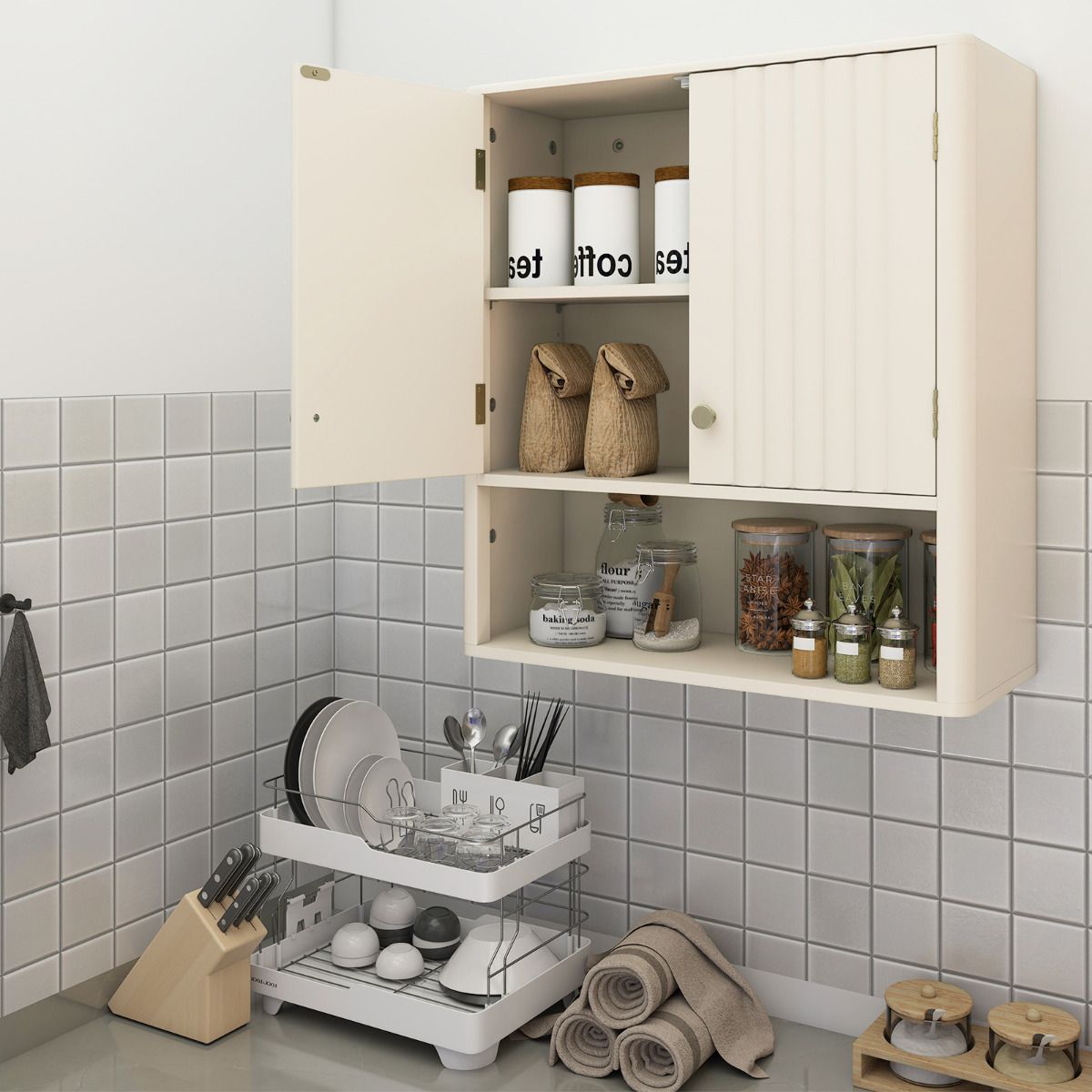 Bathroom Wall Cabinet with Fluted Doors and Adjustable Shelf