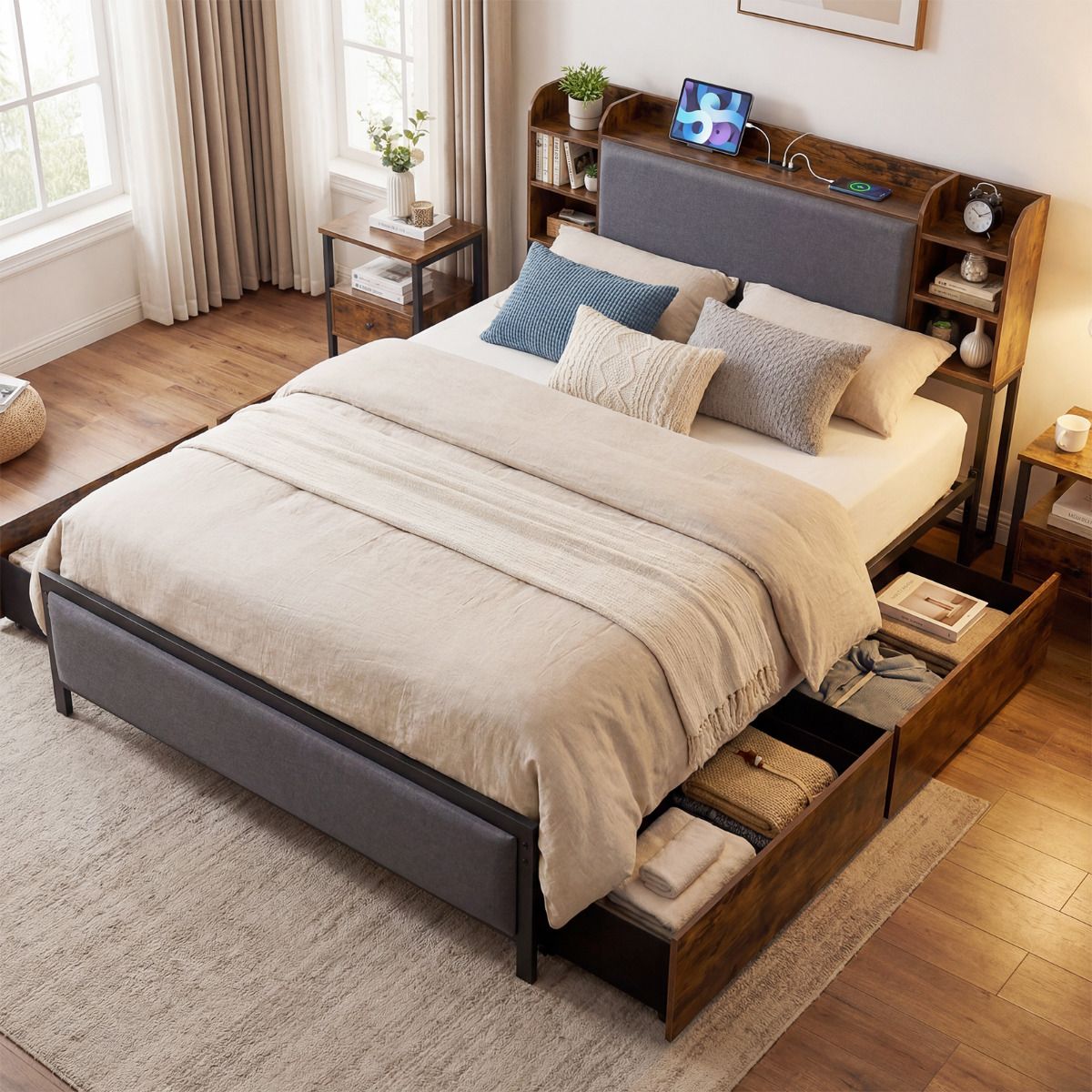 Metal Bed Frame with 4 Storage Drawers Upholstered Storage Headboard