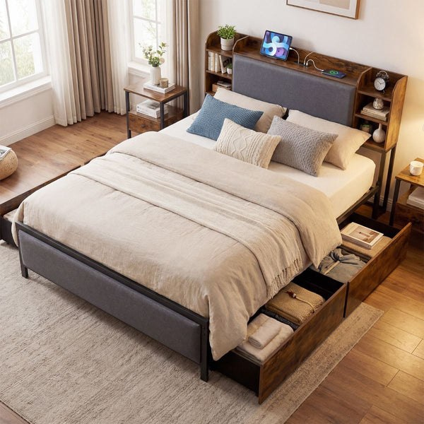 Metal Bed Frame with 4 Storage Drawers Upholstered Storage Headboard