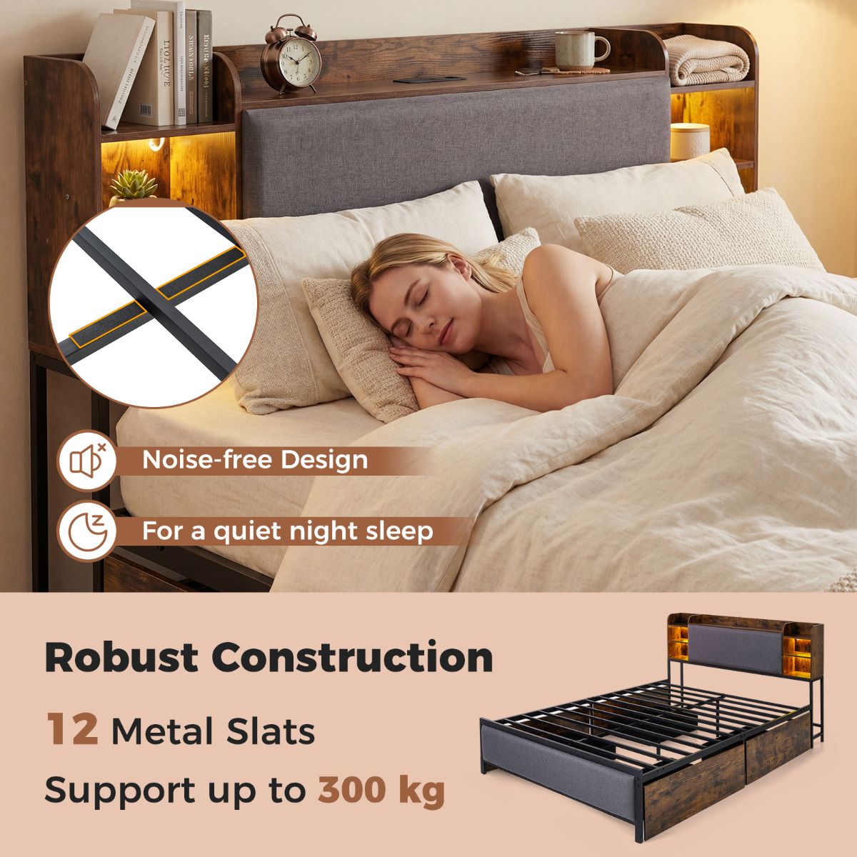 Metal Bed Frame with 4 Storage Drawers Upholstered Storage Headboard