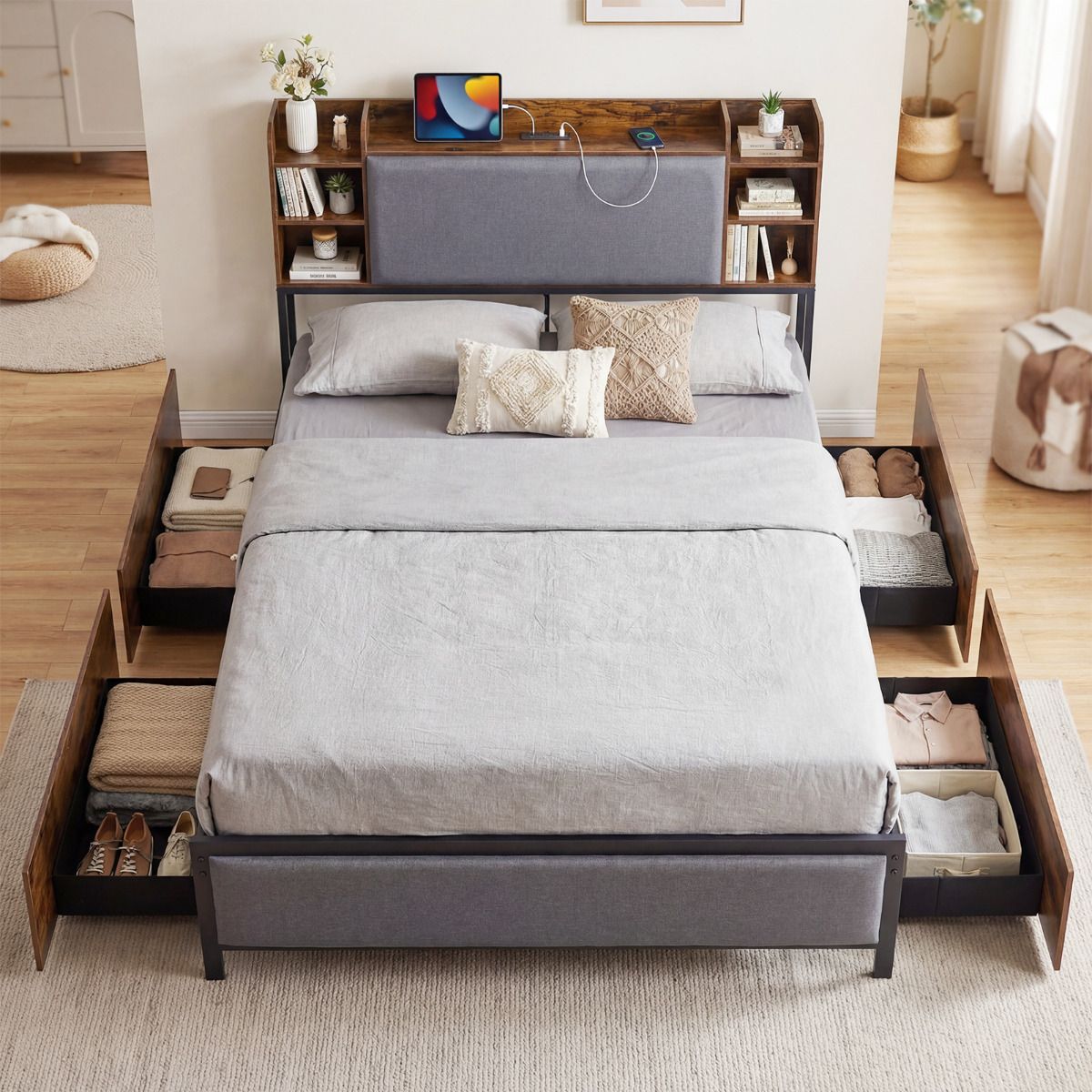 Metal Bed Frame with 4 Storage Drawers Upholstered Storage Headboard
