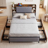 Metal Bed Frame with 4 Storage Drawers Upholstered Storage Headboard