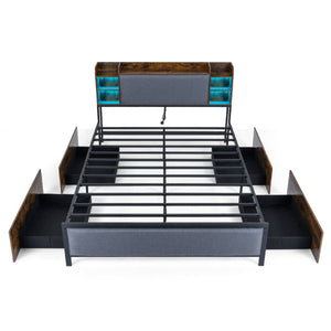 Metal Bed Frame with 4 Storage Drawers Upholstered Storage Headboard