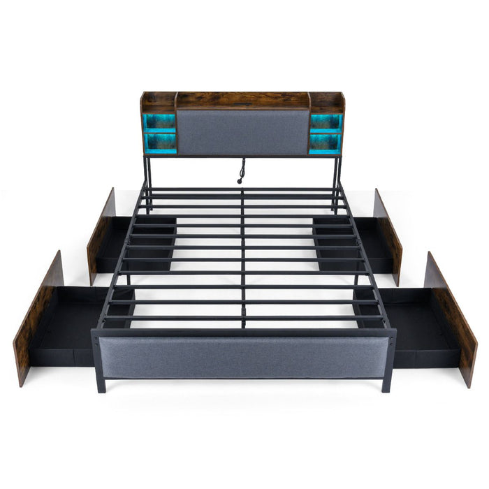 Metal Bed Frame with 4 Storage Drawers Upholstered Storage Headboard