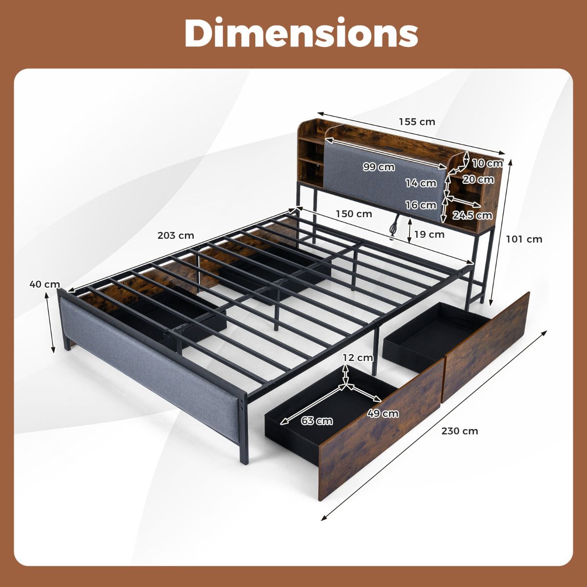 Metal Bed Frame with 4 Storage Drawers Upholstered Storage Headboard