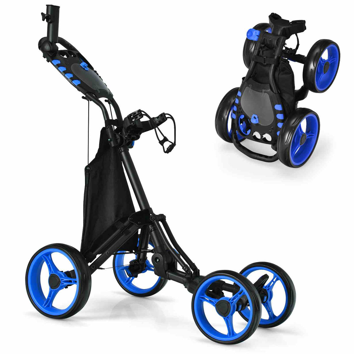 4 Wheel Adjustable Golf Push Cart, Lightweight Folding Golf Trolley Roller w/Cup