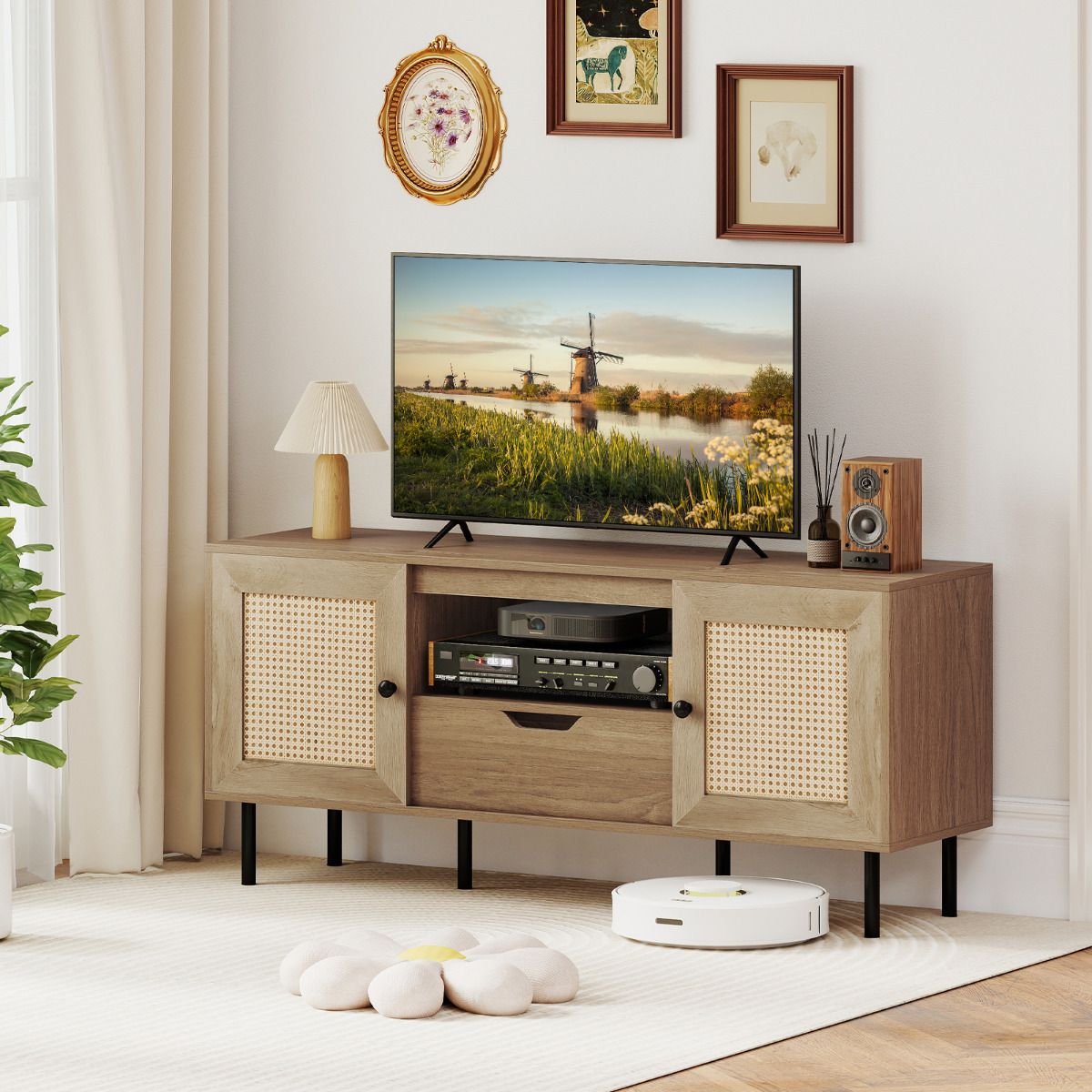 Boho TV Stand for 60 Inch TV Entertainment Center with Cabinets