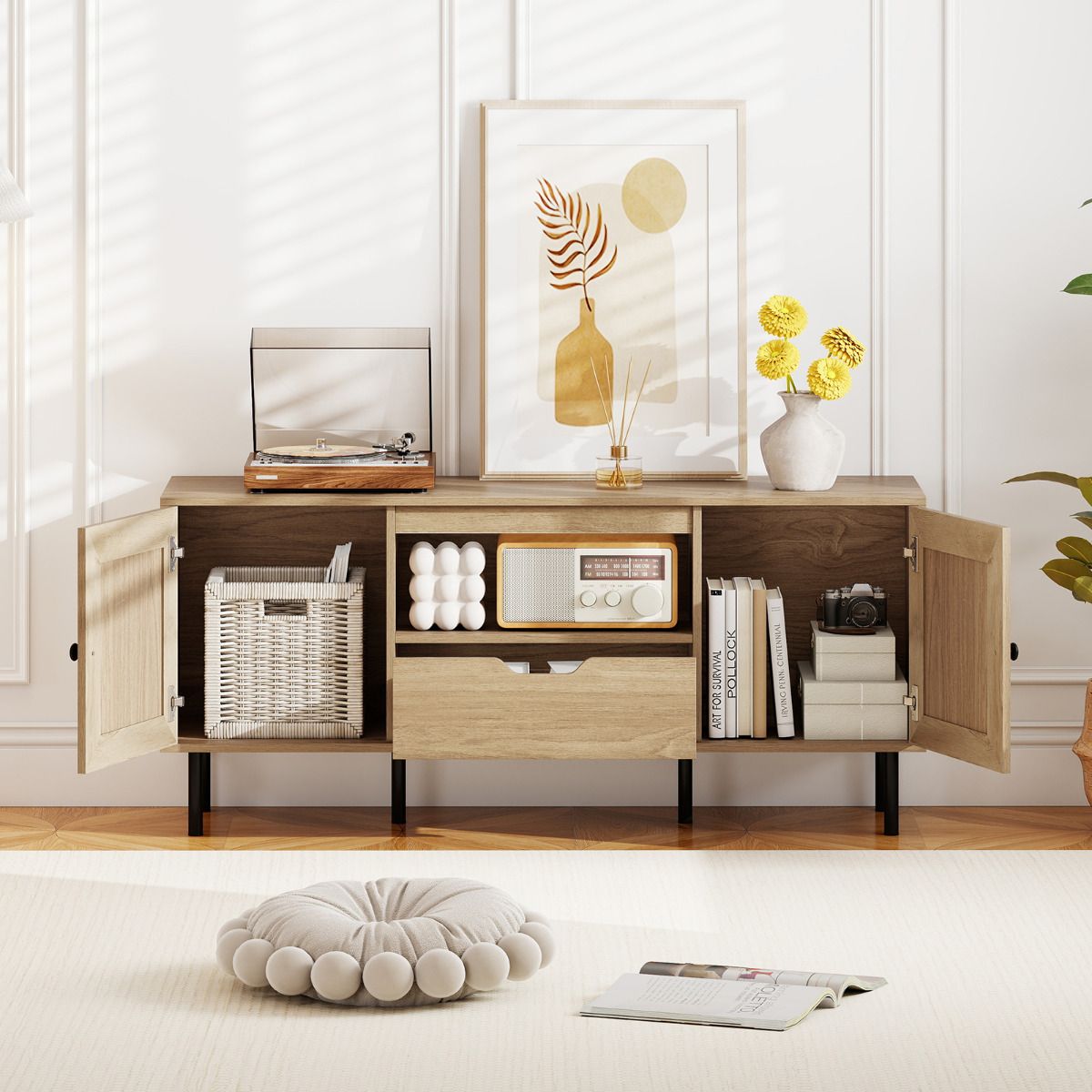 Boho TV Stand for 60 Inch TV Entertainment Center with Cabinets