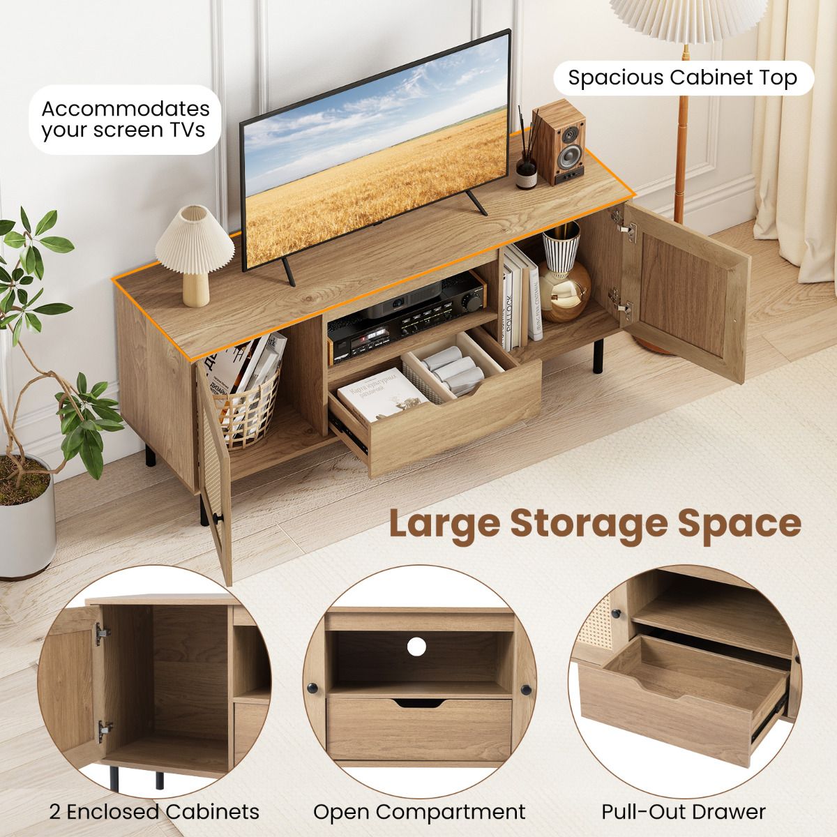 Boho TV Stand for 60 Inch TV Entertainment Center with Cabinets