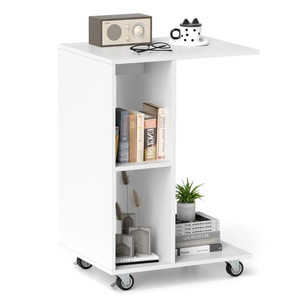 C-Shaped End Table with Storage Shelves and Lockable Universal Casters