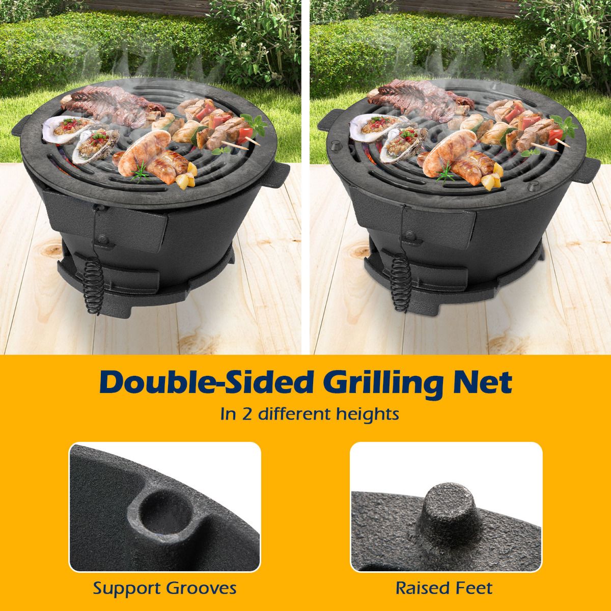 Cast Iron Charcoal Grill Portable Hibachi Grill with Double-Sided Grate