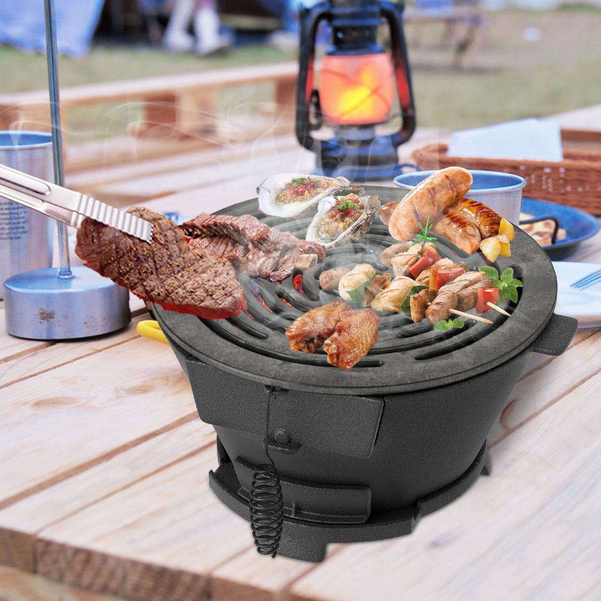 Cast Iron Charcoal Grill Portable Hibachi Grill with Double-Sided Grate