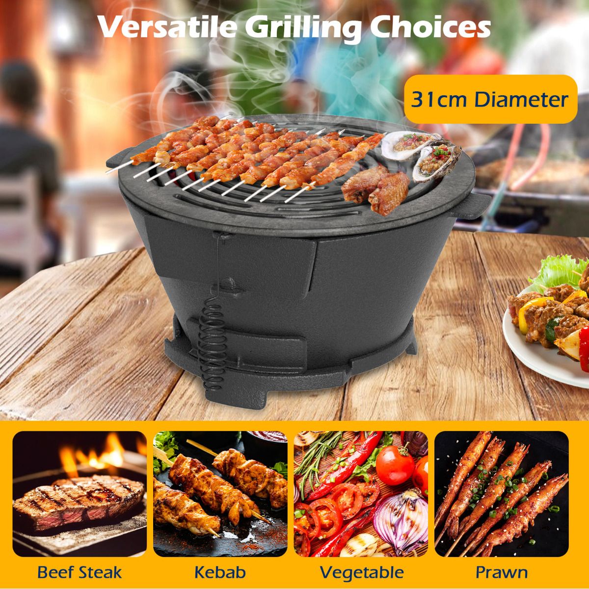 Cast Iron Charcoal Grill Portable Hibachi Grill with Double-Sided Grate