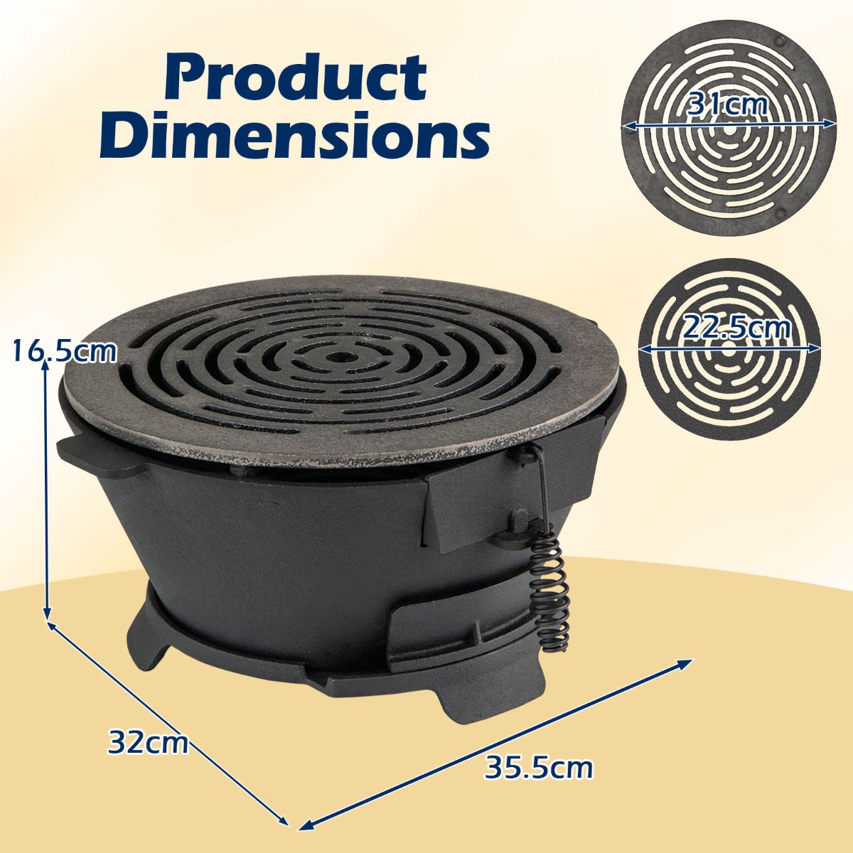 Cast Iron Charcoal Grill Portable Hibachi Grill with Double-Sided Grate
