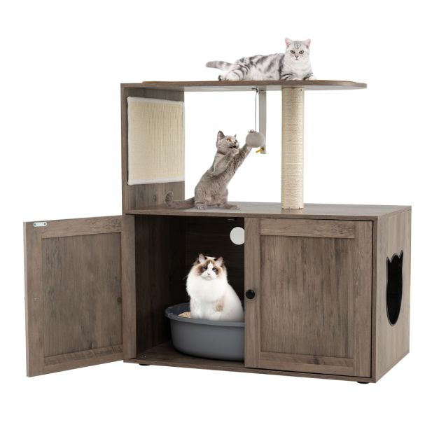 88 cm Tall Wooden Cat Tower with Sisal Scratching Post and Mat Dangling Ball and Top Perch