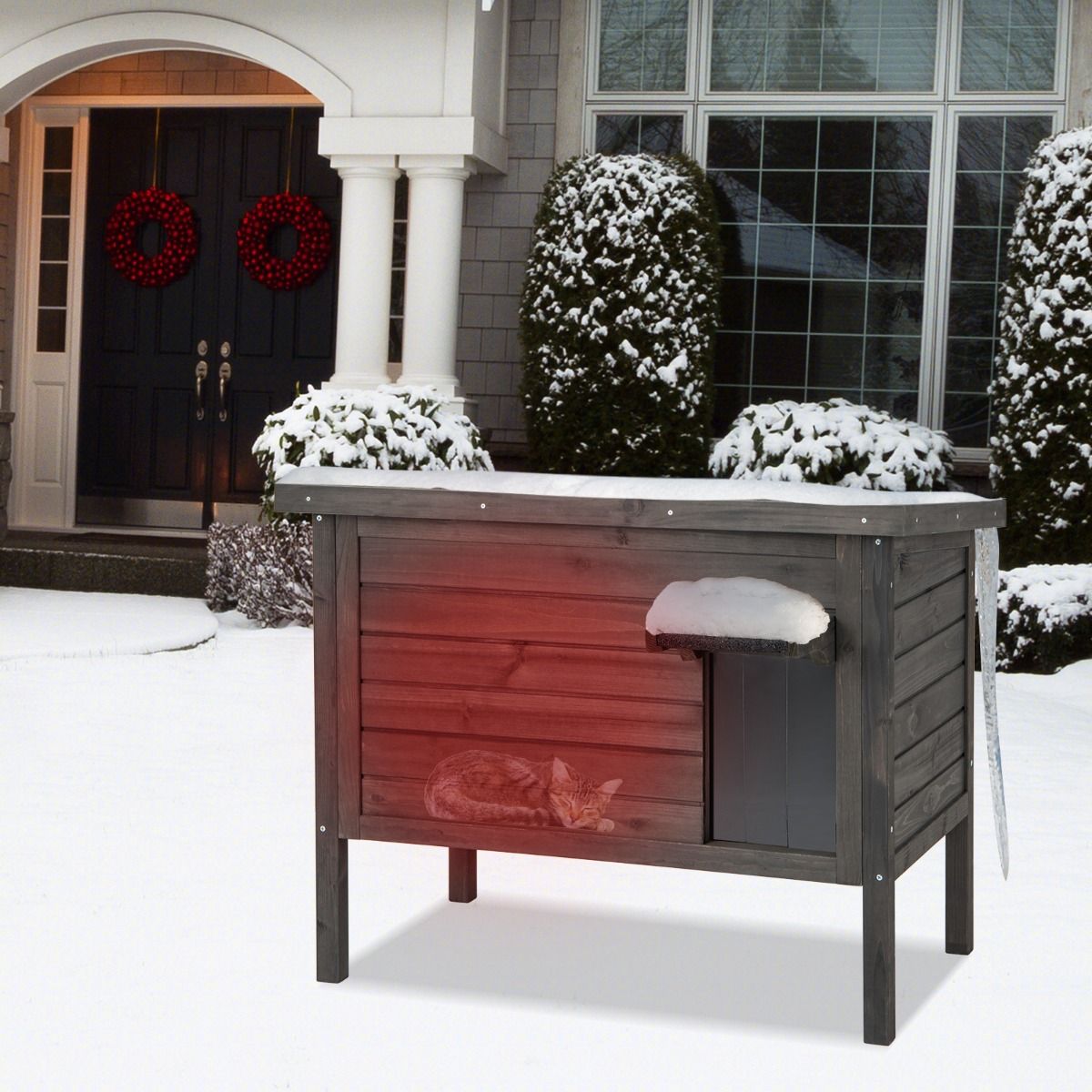 Outdoor Insulated Cat House for Winter, Weatherproof Wooden Feral Cat House
